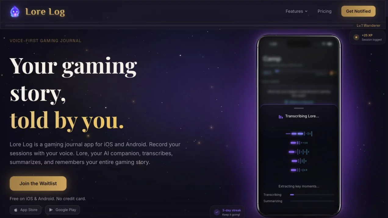 Lore Log gaming journal homepage
